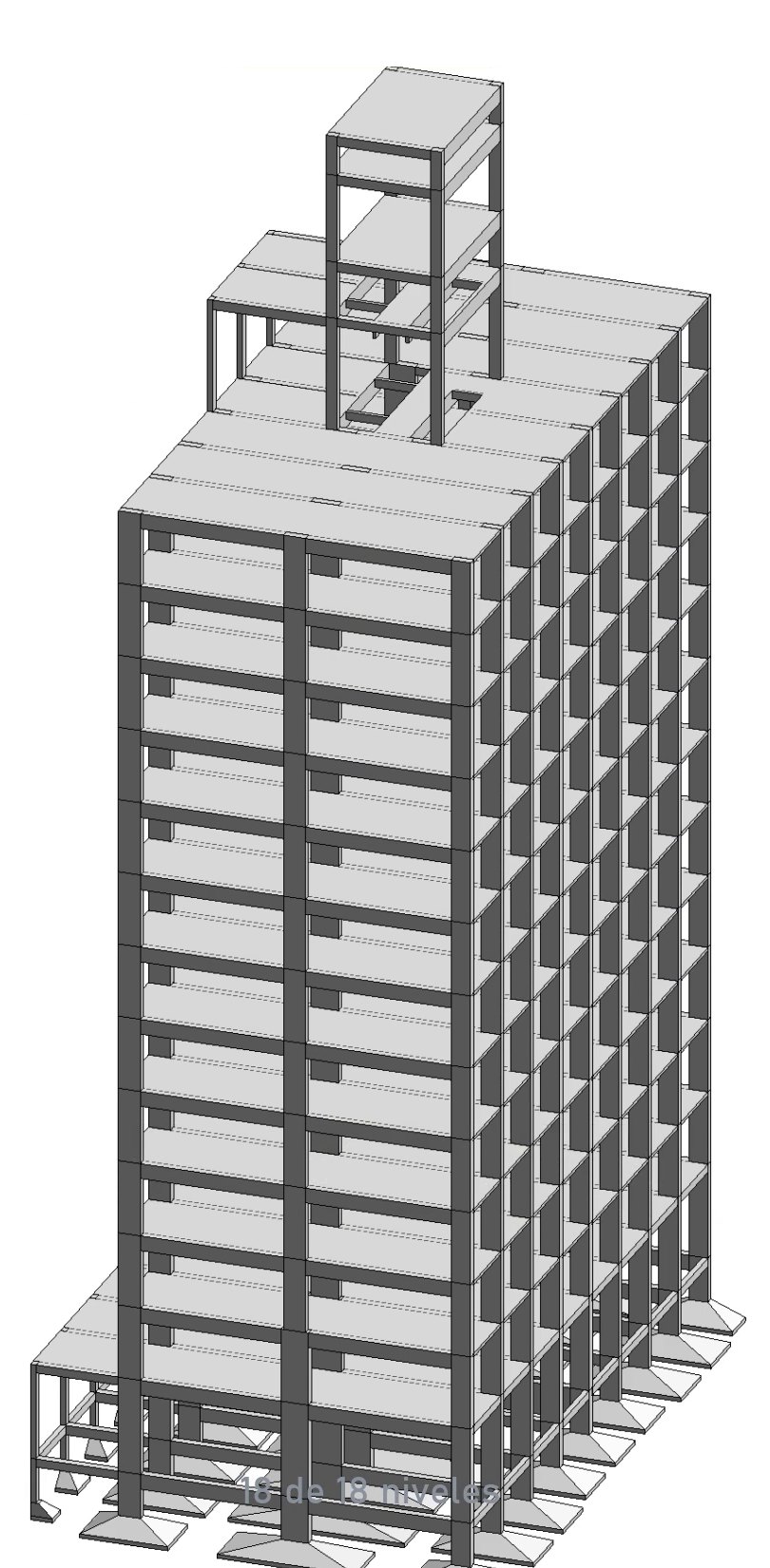 Modelo BIM de la estructura de una torre de 18 niveles, con fundaciones, columnas, vigas y losas
